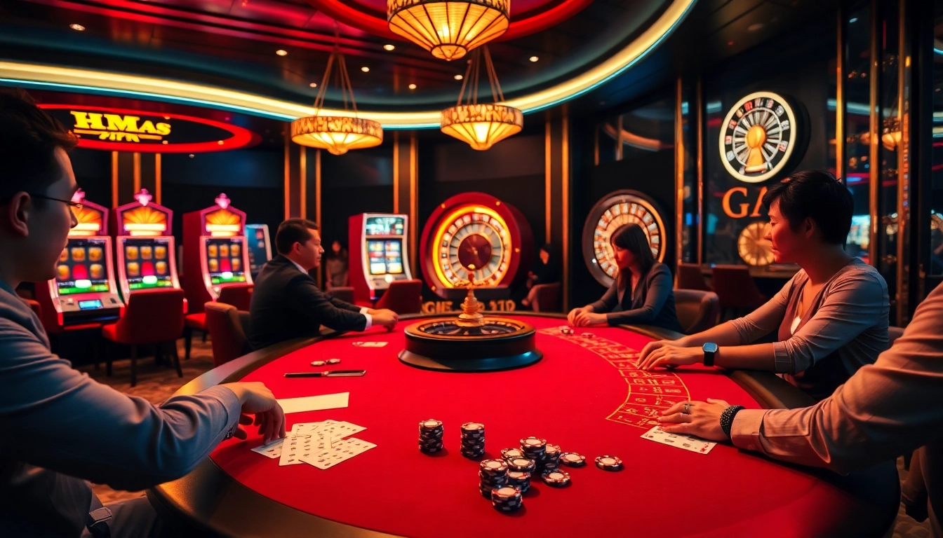 Players enjoying a thrilling poker game at HM88 casino, surrounded by vibrant slot machines and roulette wheels.