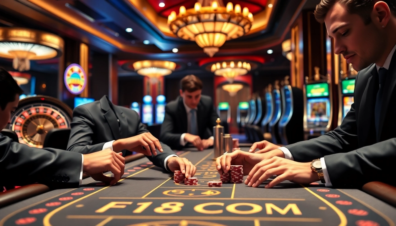 Experience thrilling gameplay at the F168COM poker table surrounded by glamorous casino elements.