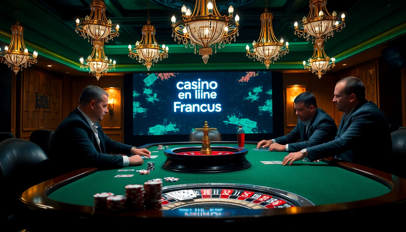 Action-packed scene at a casino en ligne Français, showcasing poker players and an illuminated roulette wheel.