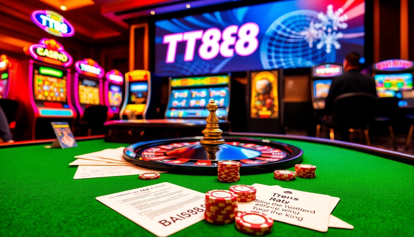 Gamblers enjoying TT88's exciting slots and table games in a luxurious casino setting.