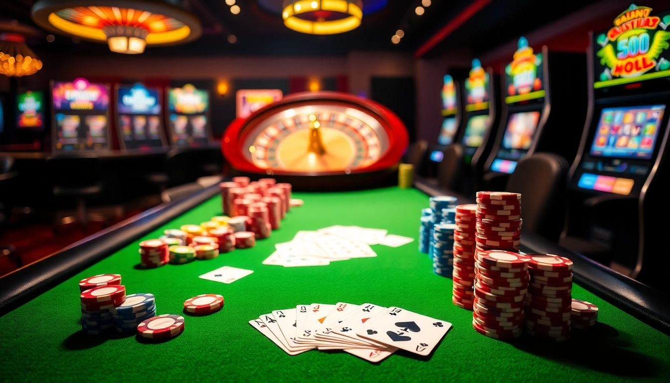 Scène de jeu excitante dans un casino en ligne Français avec des jetons de poker vibrants, des cartes à jouer et une roulette.