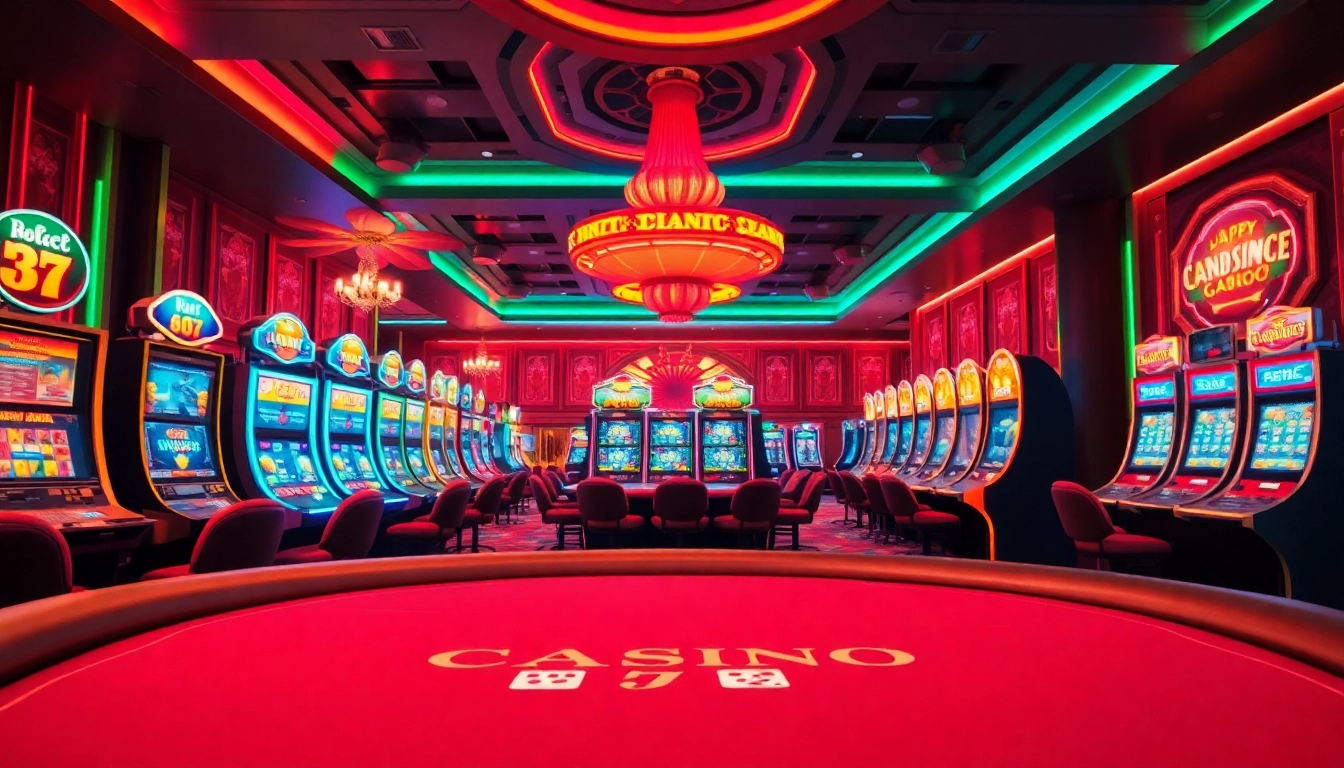 Casino en ligne avec des machines à sous colorées et une ambiance vibrante.